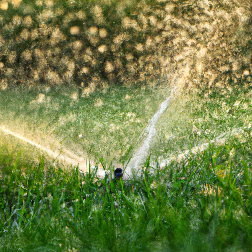 Backlit sprinklers watering a summer lawn with shimmering droplets