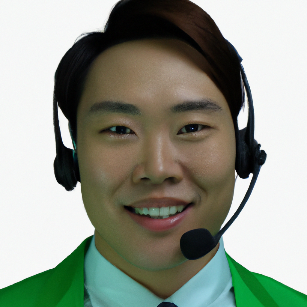 Support agent in green uniform with headset smiling